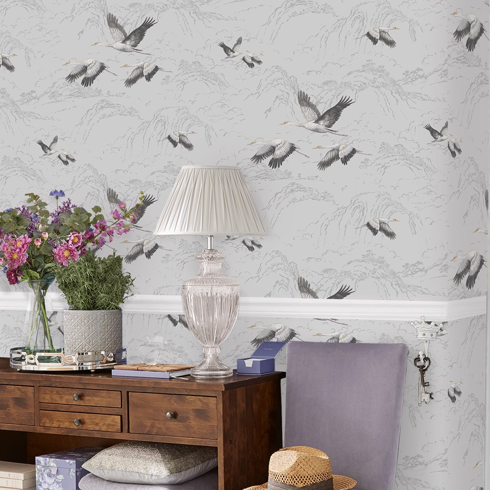 Animalia Bird Wallpaper 113394 by Laura Ashley in Silver Grey